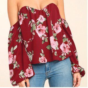 Wine Red Floral Print Off-the-Shoulder Top